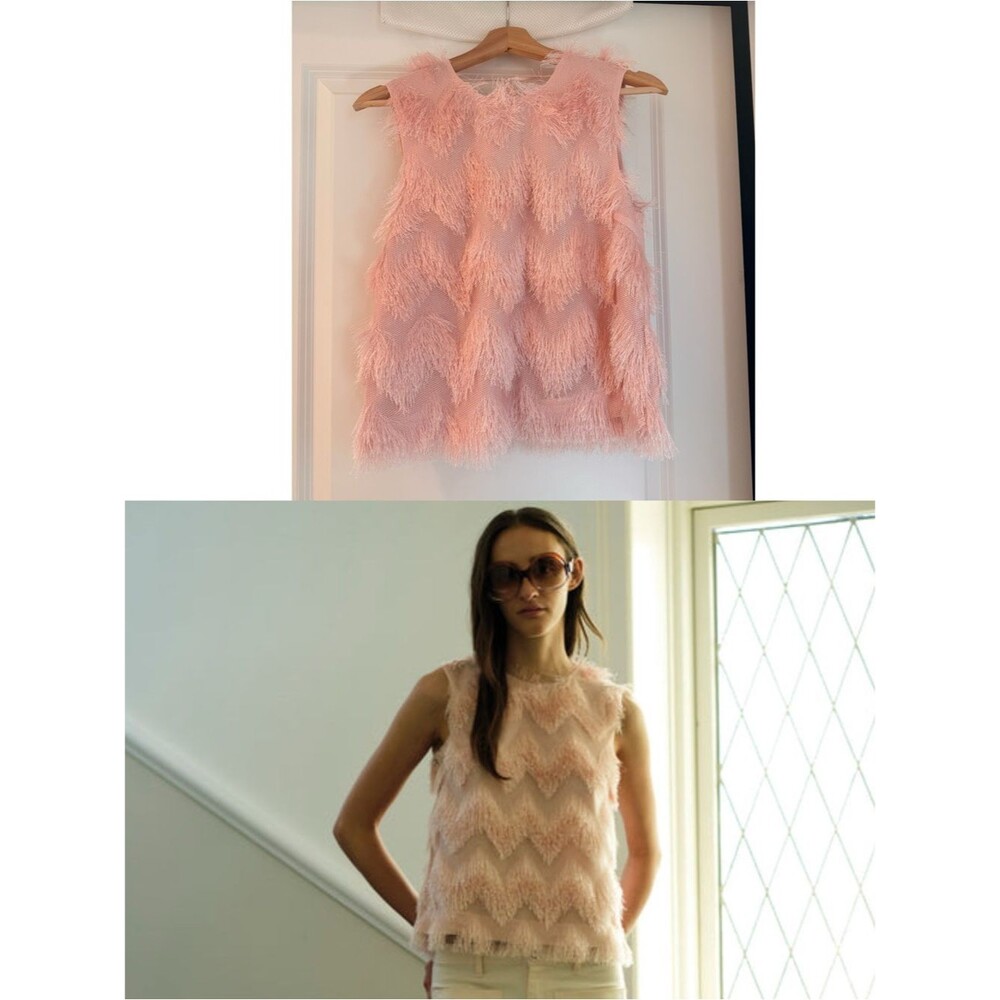 NEW Designers Remix Blush Pink Lotus Fringe Top Sleeveless Blouse, XS